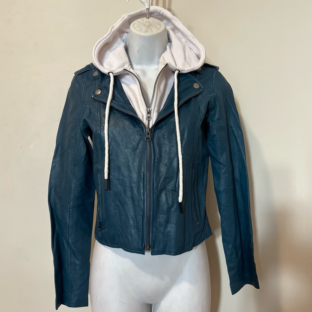 JKT NYC MOLLY Genuine Leather Moto Biker Jacket w/Removable Hooded Inset XS
